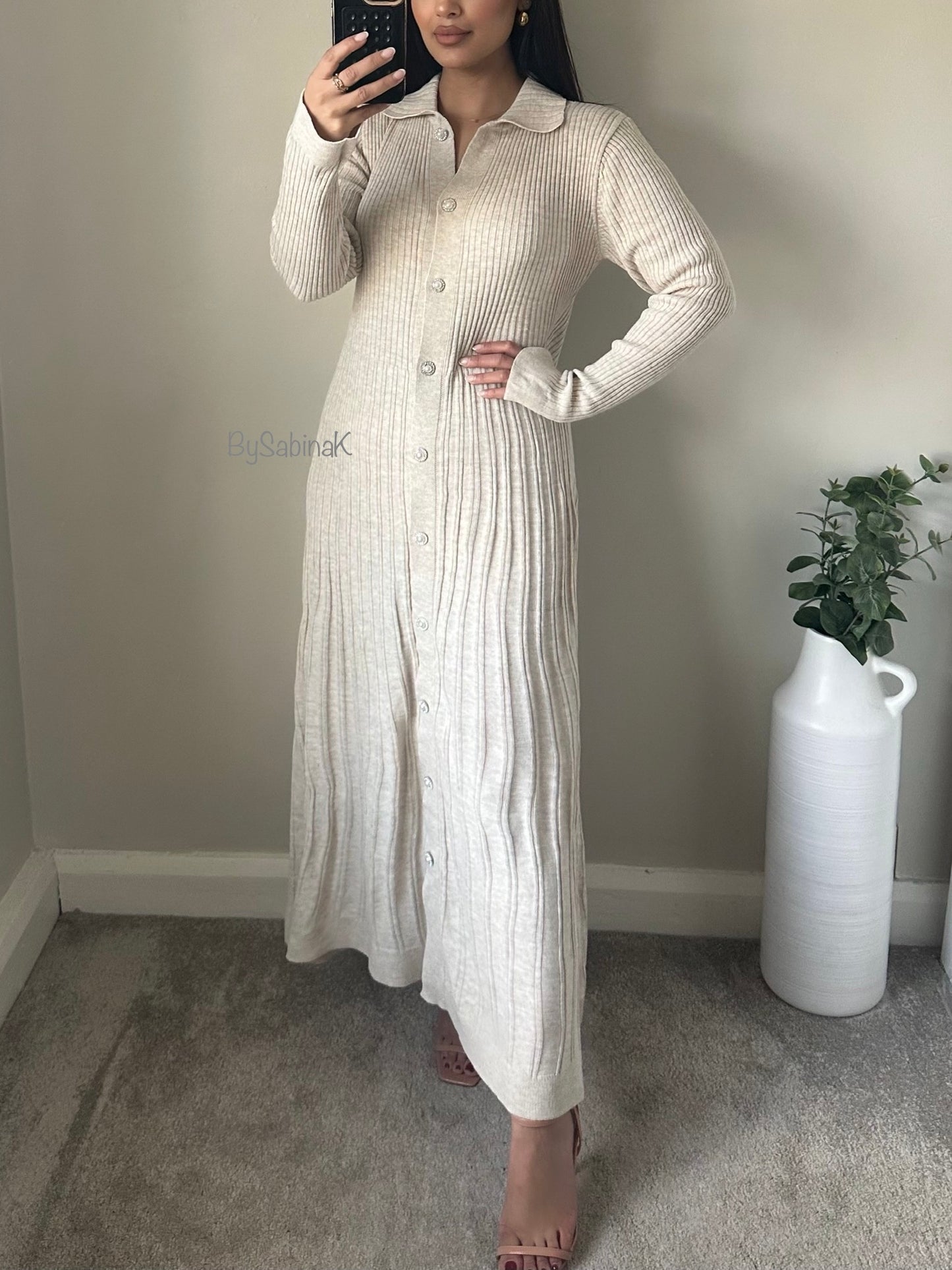 Ivory Pearl Maxi Knit Button Dress