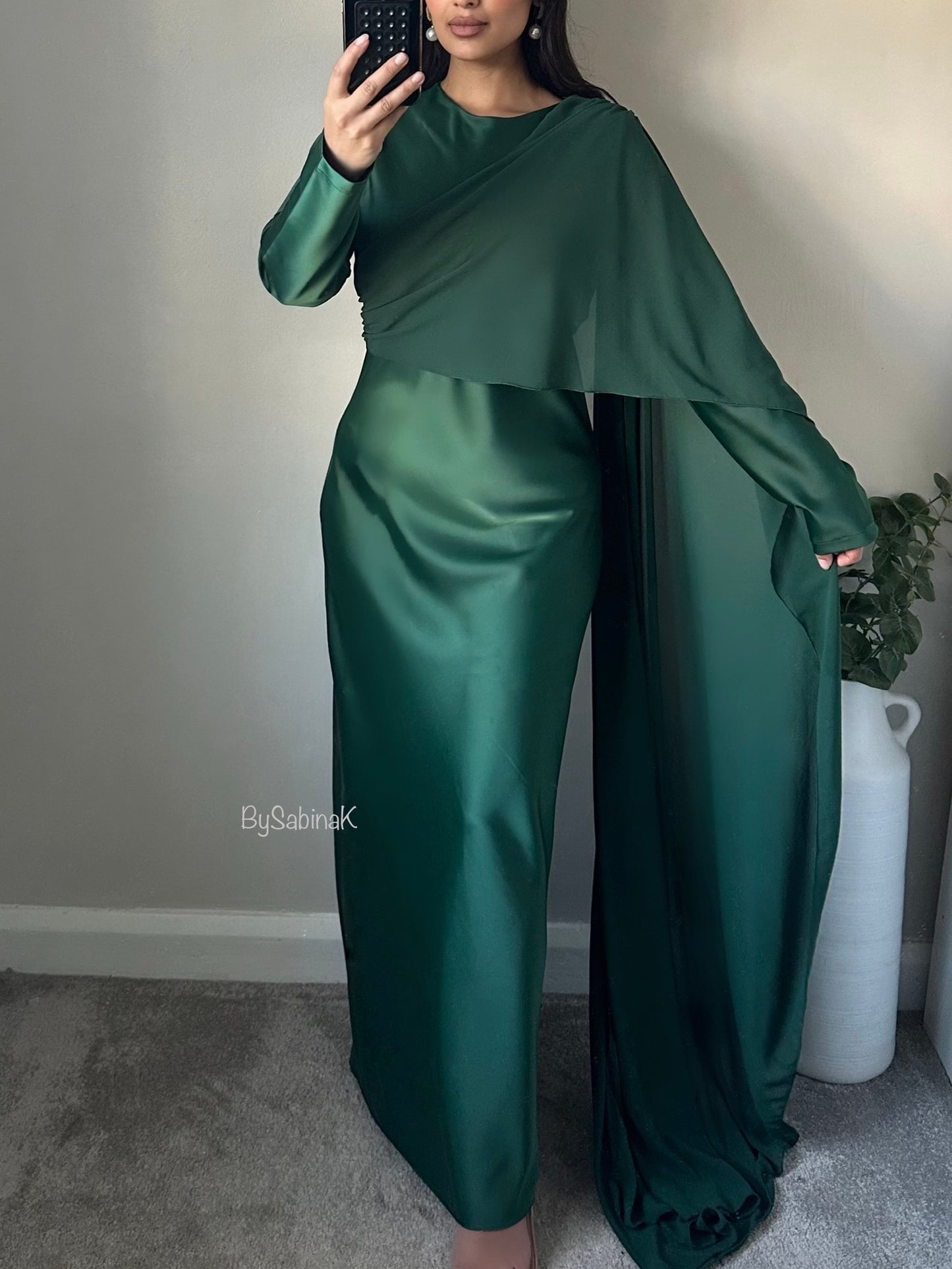 Green Satin One Shoulder Chiffon Scarf Maxi Dress