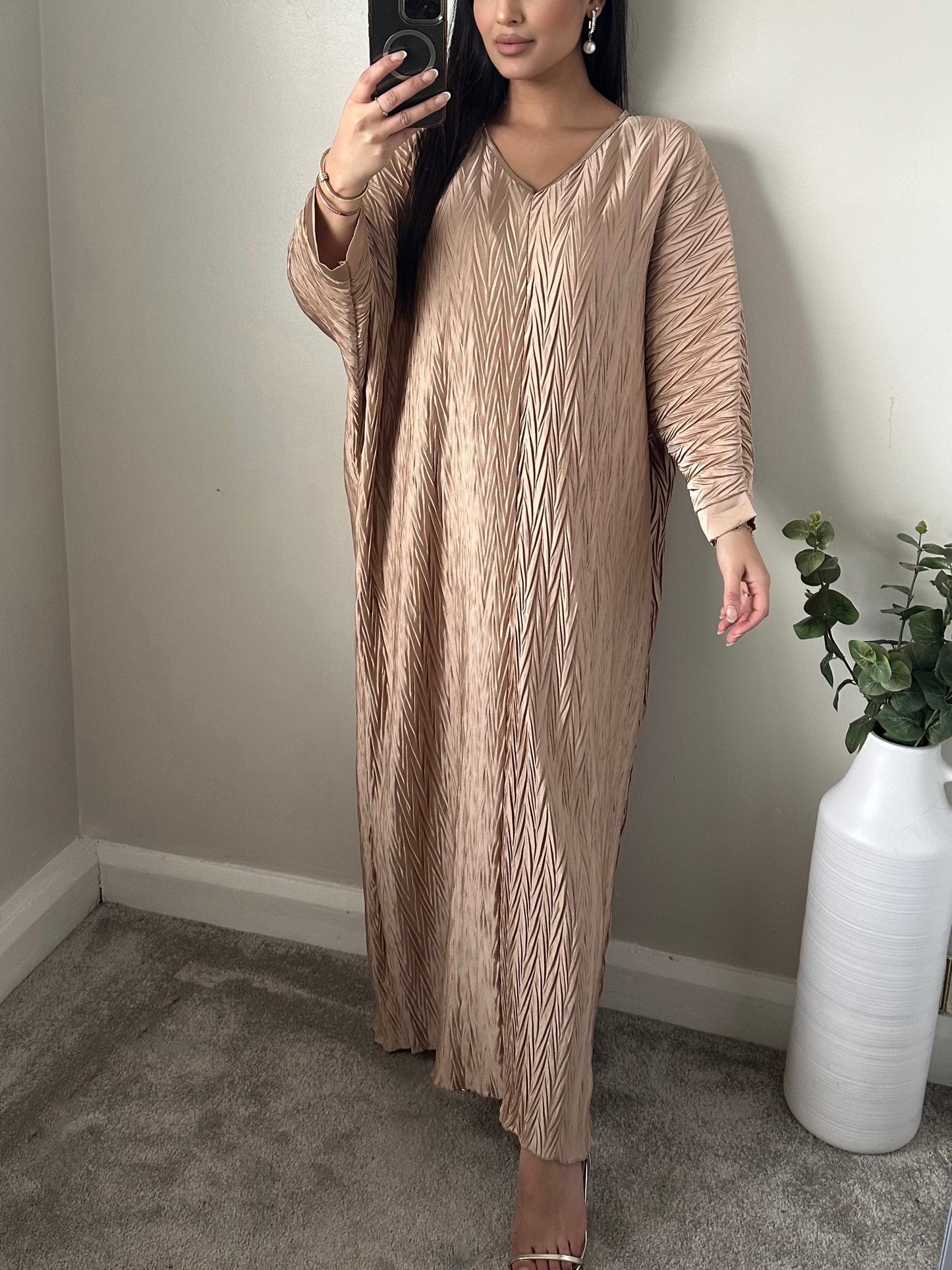 Nude Satin Pleated Batwing Dress 015