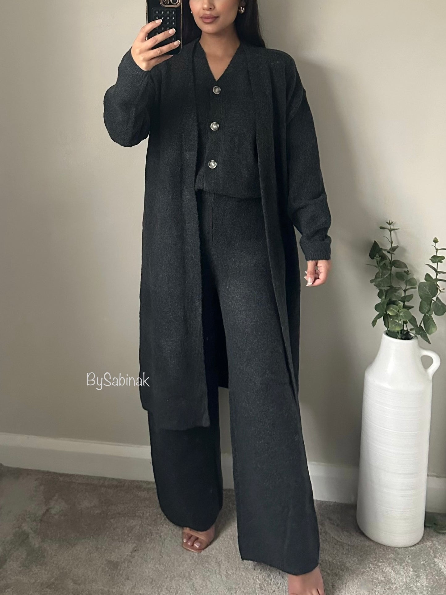 Dark Grey Three Piece Button Knitted Set