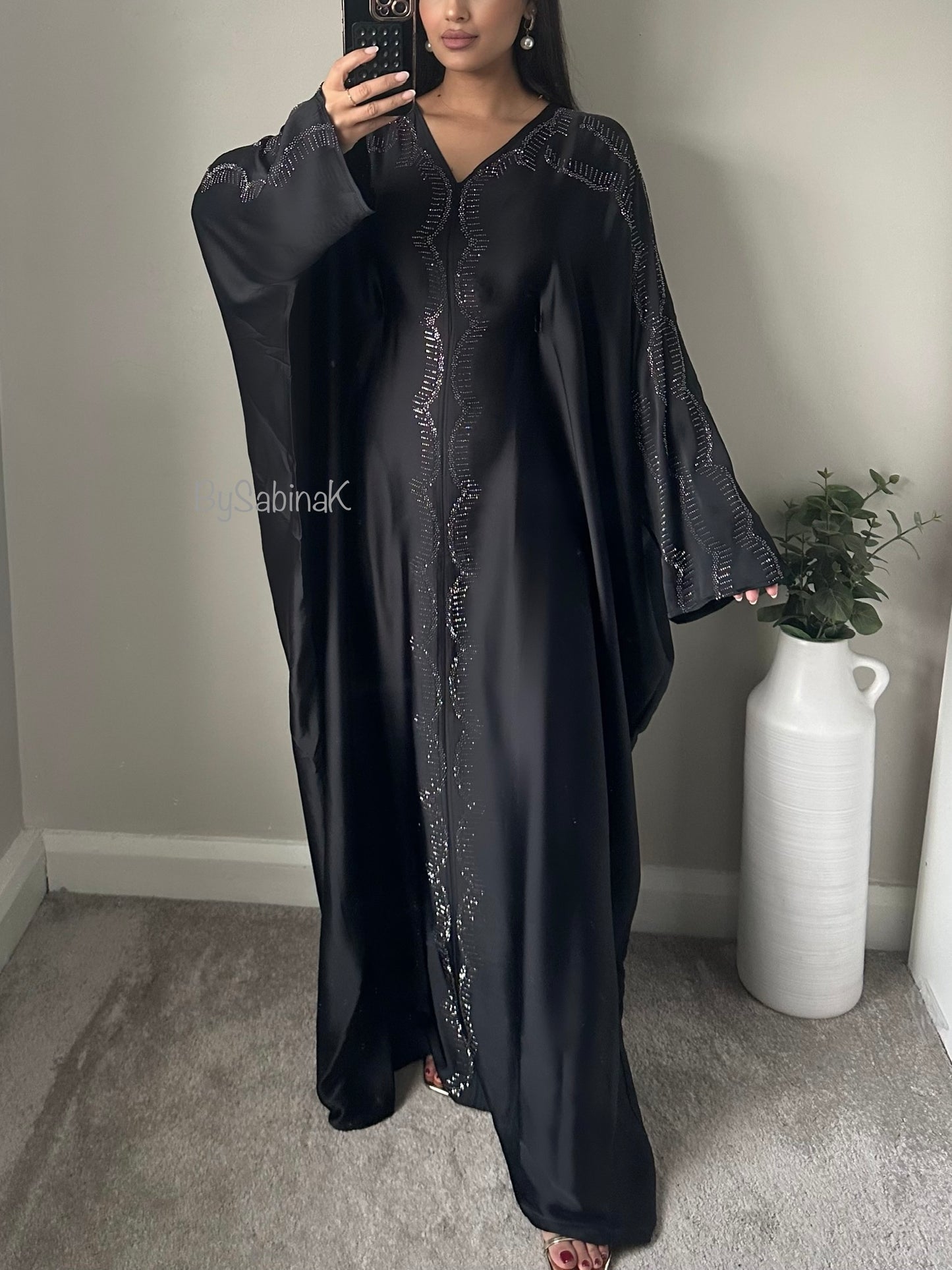 Black Rhinestone Chiffon Silk Butterfly Abaya Kaftan