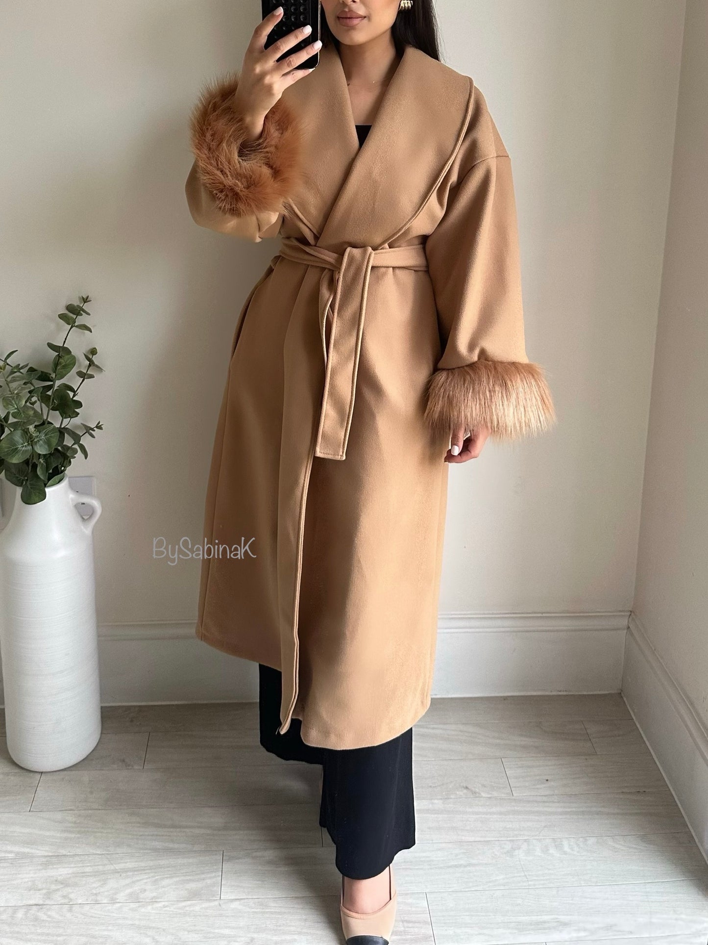 Camel Brown Faux Fur Sleeve Long Wrap Coat