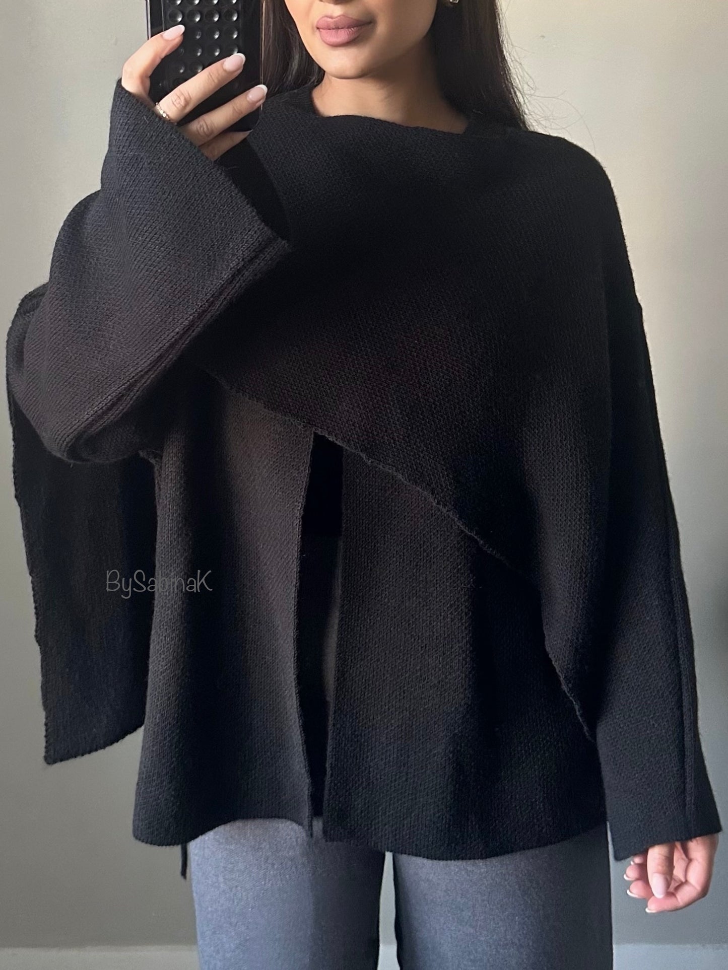 Black Thick Knit Cape Scarf Jacket