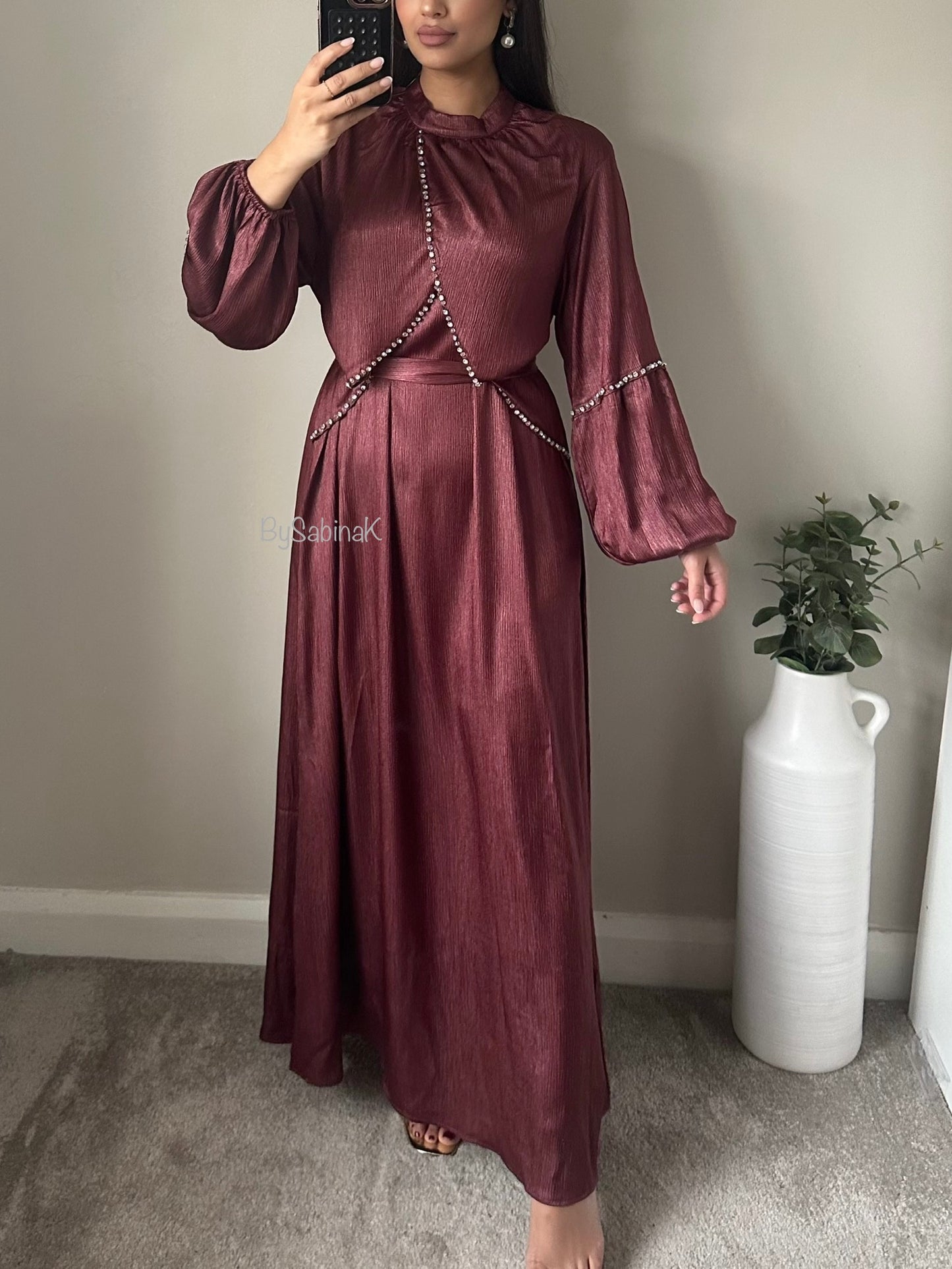 Burgundy Chiffon Silk Rhinestone Beaded Belted Dress