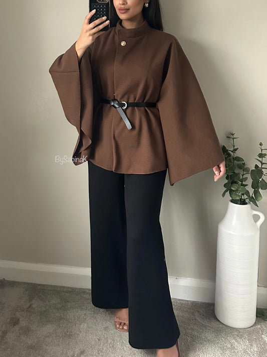 Brown Cape Belted Jacket