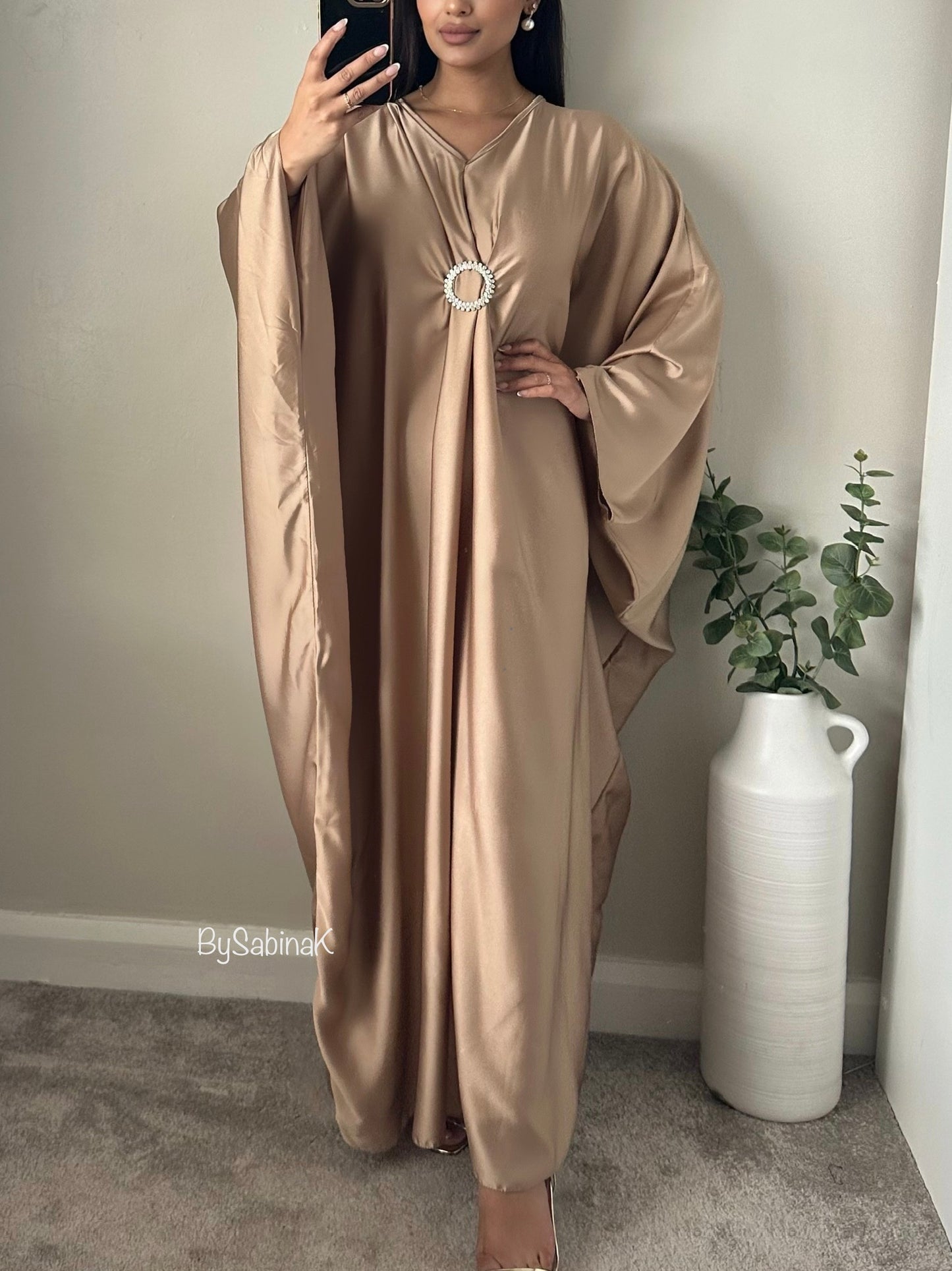 Nude Beige Satin Drape Brooch Kaftan