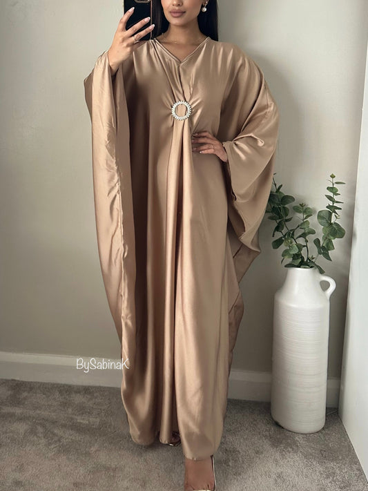 Nude Beige Satin Drape Brooch Kaftan