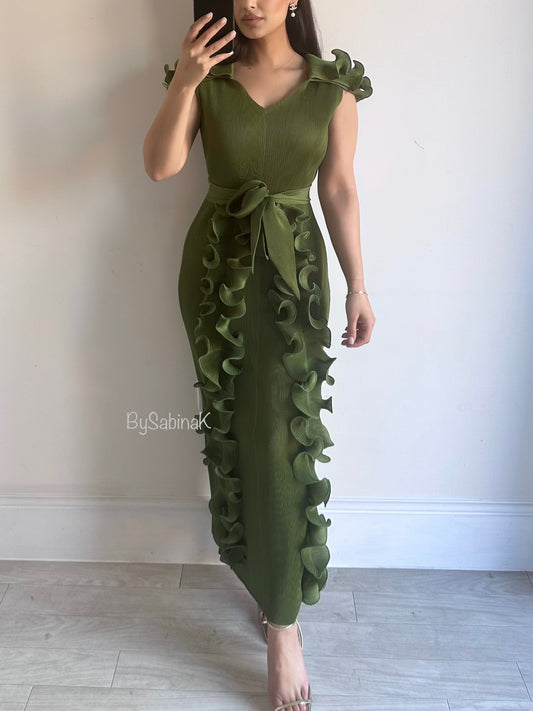Lime Green Ruffle Pleated Sleeveless Dress