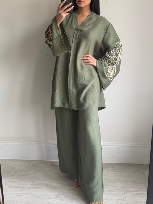 Olive Green Linen Patterned Co-ord Set
