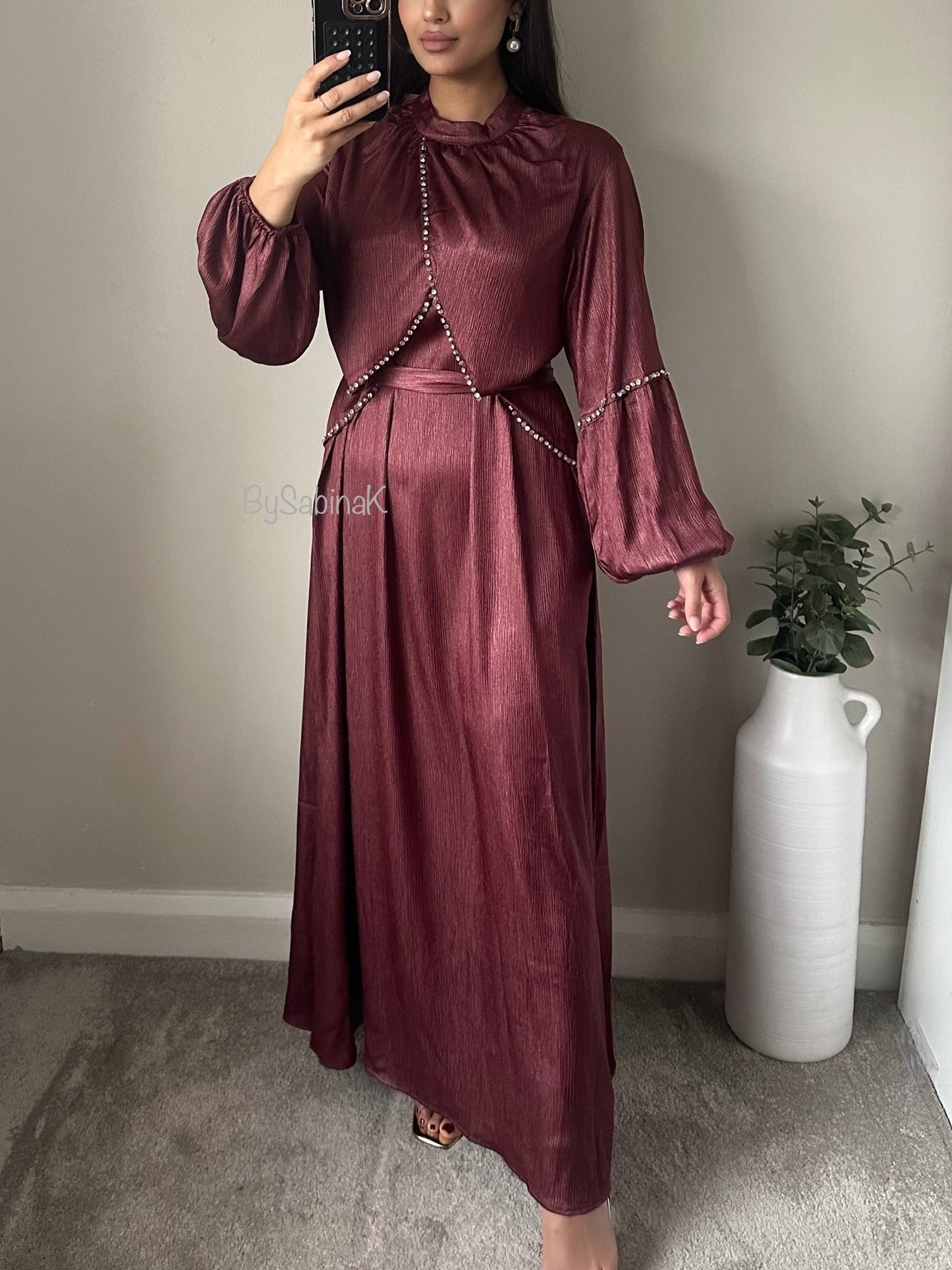 Burgundy Chiffon Silk Rhinestone Beaded Belted Dress