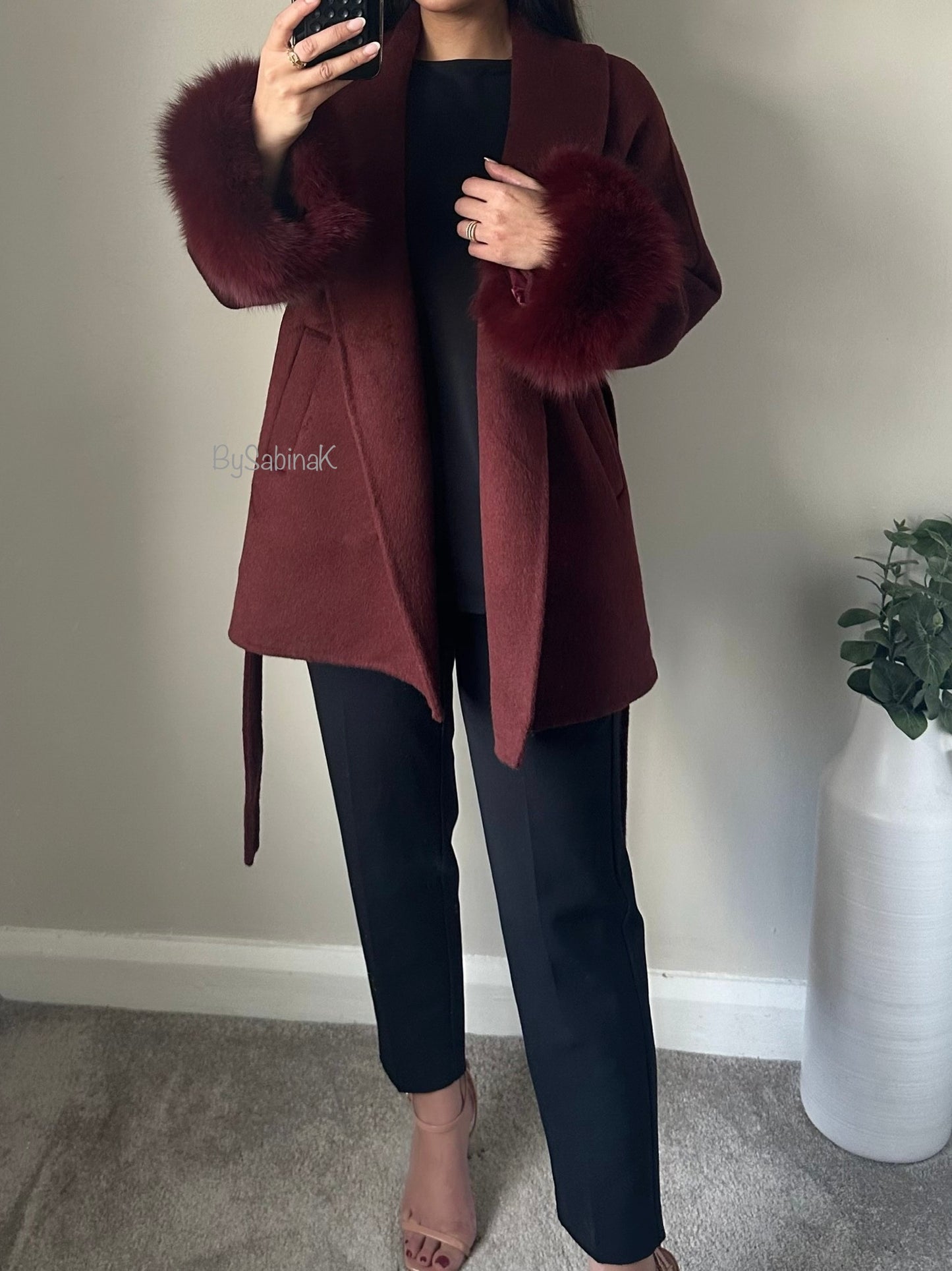 Burgundy 100% Wool Fur Short Coat