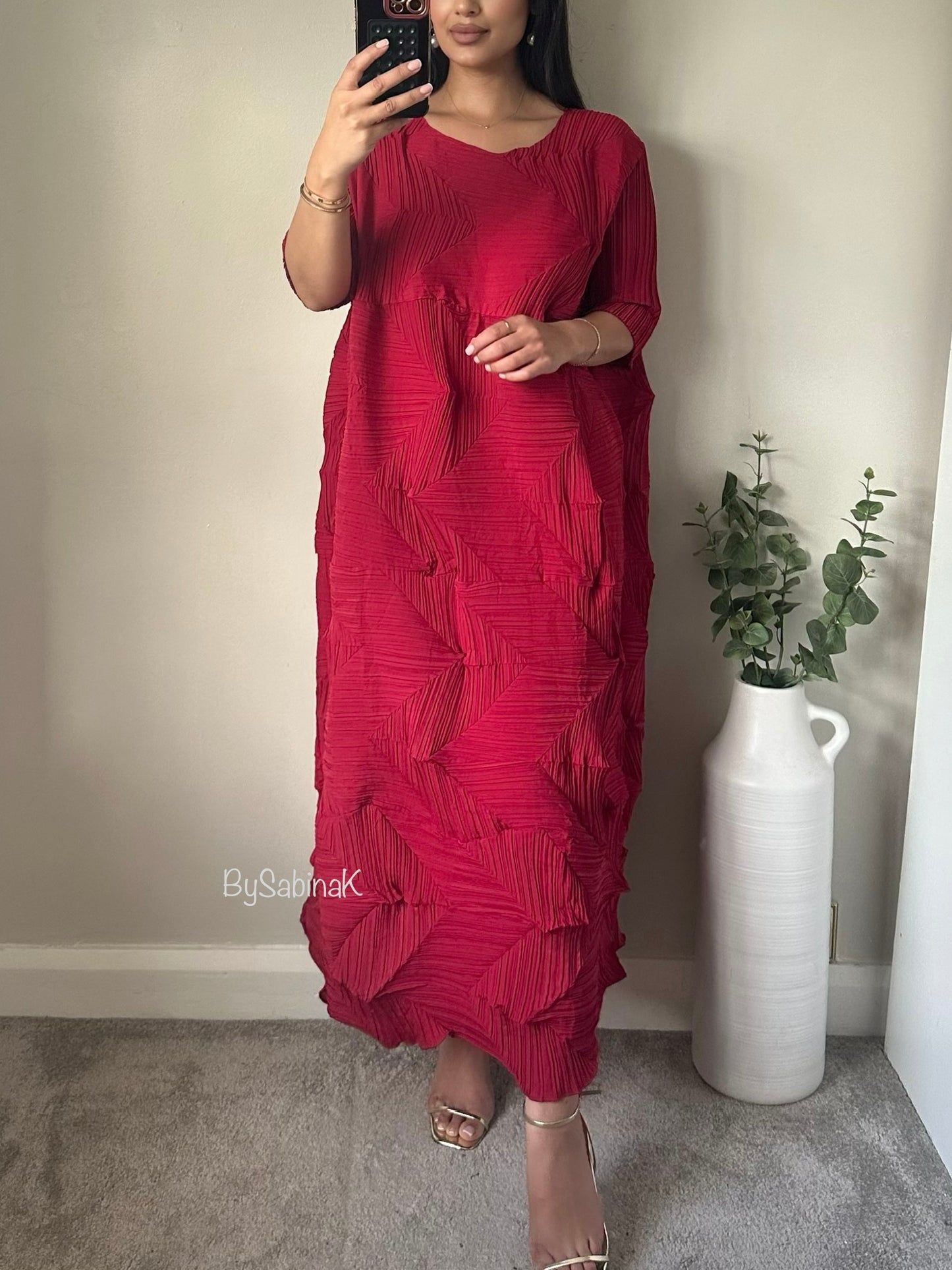 Wine Red Pleated Folds Dress