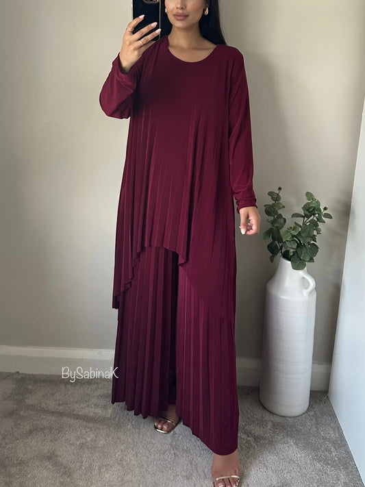 Wine Red Wide Pleated Co-ord Set