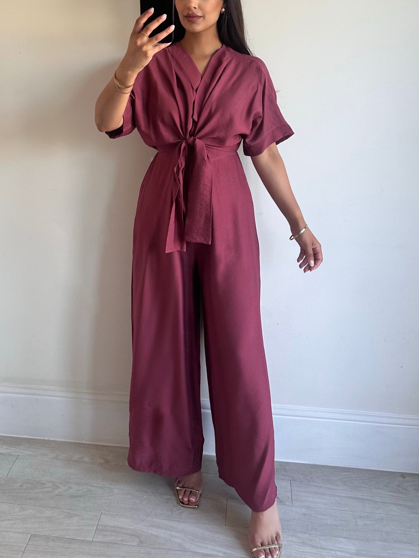 Pink Linen Look Wrap Jumpsuit