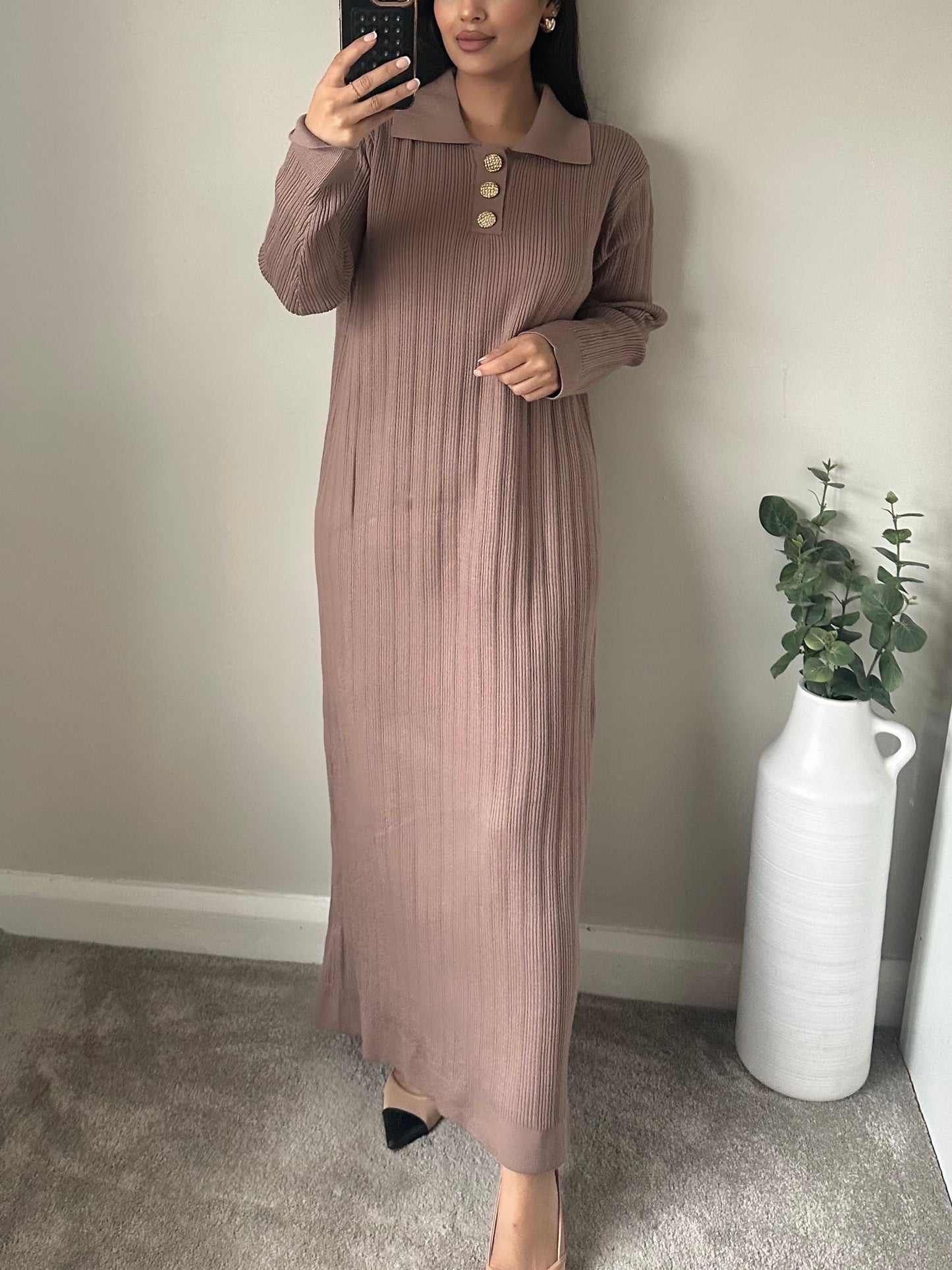 Mocha Gold Button Maxi Jumper Knit Dress