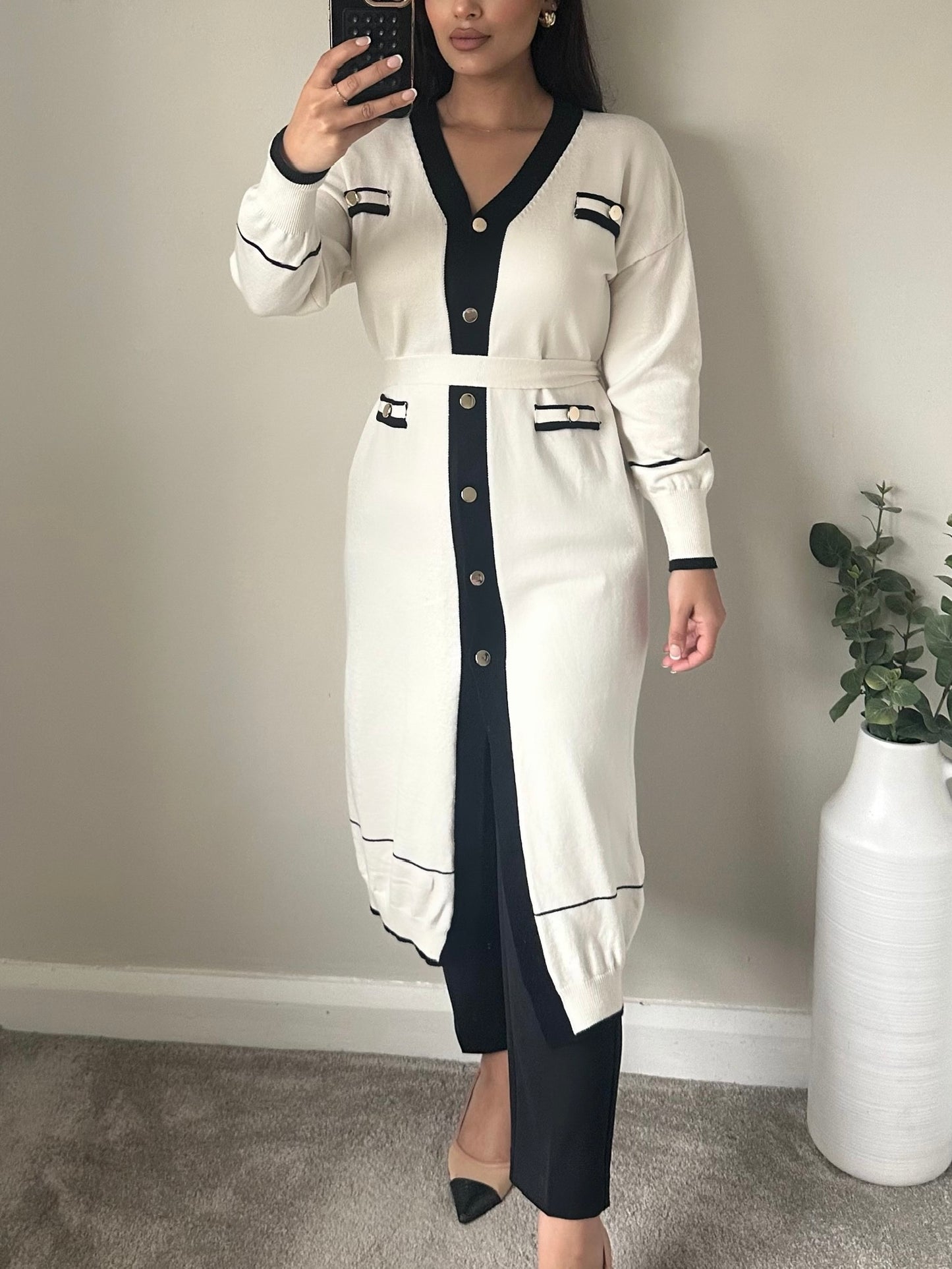 White Black Gold Button Long Belted Cardigan