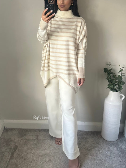 Ivory Beige Stripped Knitted Co-ord Set