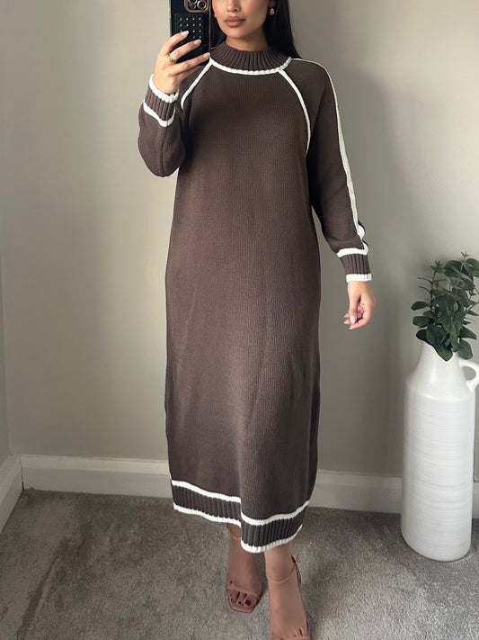 Taupe Trimmed Jumper Knitted Midi Dress