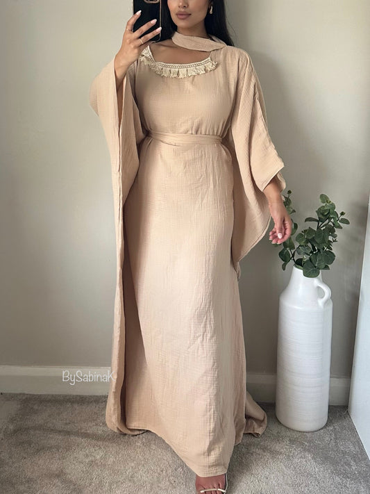 Beige Cotton Tassel Belted Kaftan