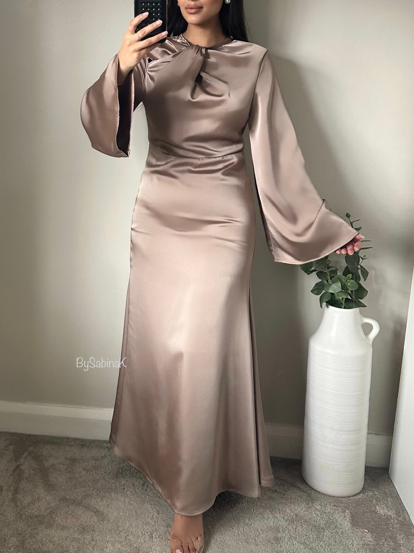 Mocha Satin Twist Neck Dress