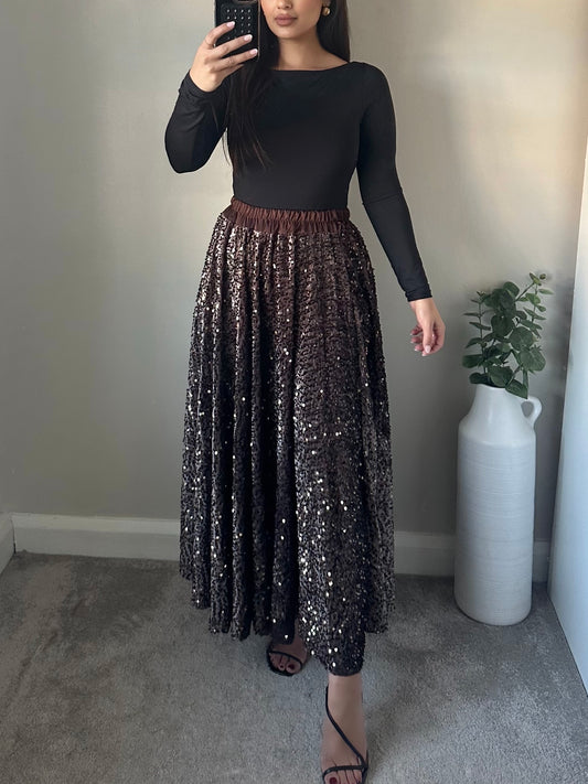 Brown Sequin Velvet Full Maxi Skirt