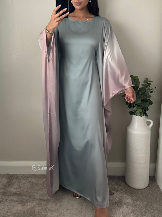 Sage Green Pink Satin Butterfly Kaftan