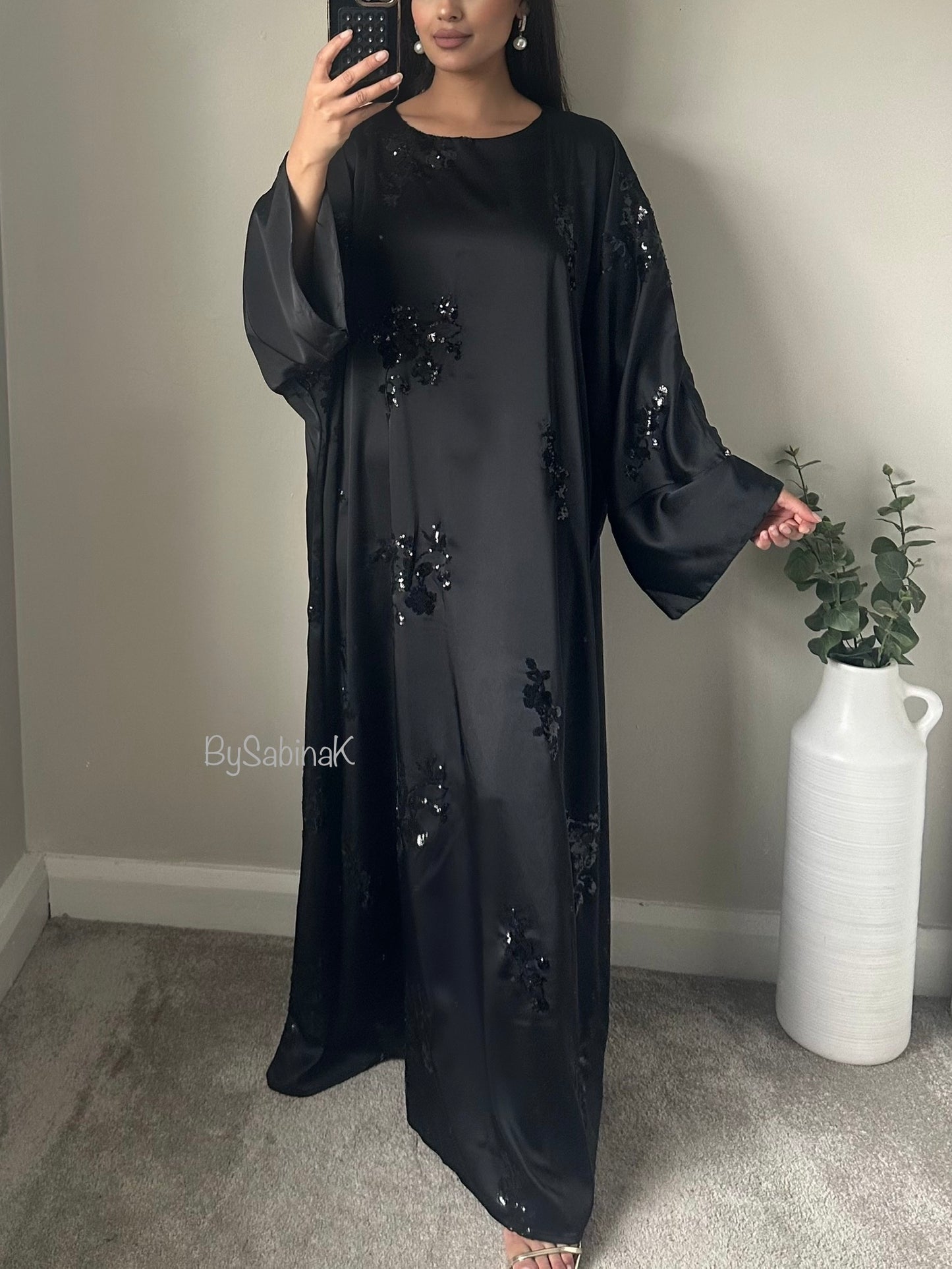 Black Satin Floral Sequins Details Kaftan Abaya