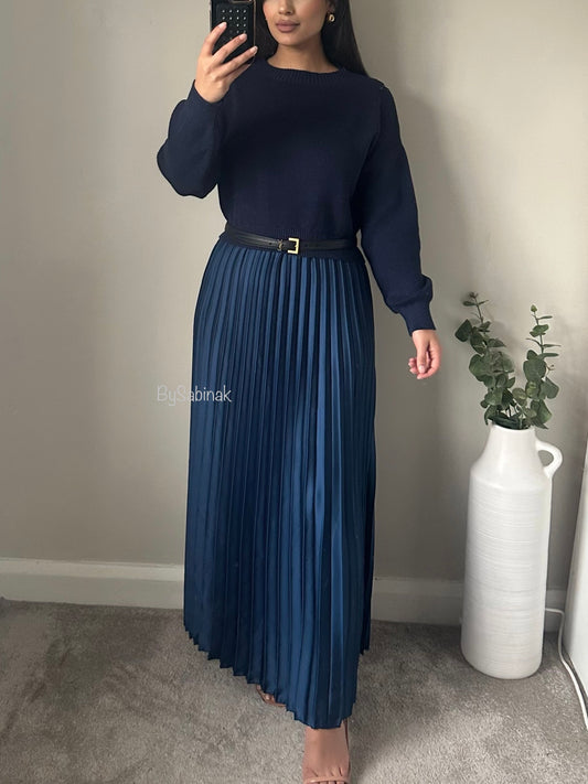 Navy Blue Jumper Satin Pleated Dress