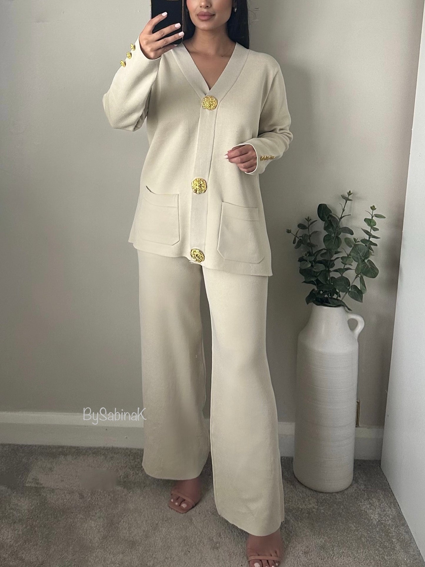 Ivory Gold Button Cardigan Co-ord