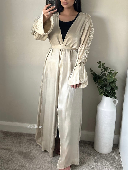 Ivory Embellished Sheen Open Abaya Kimono