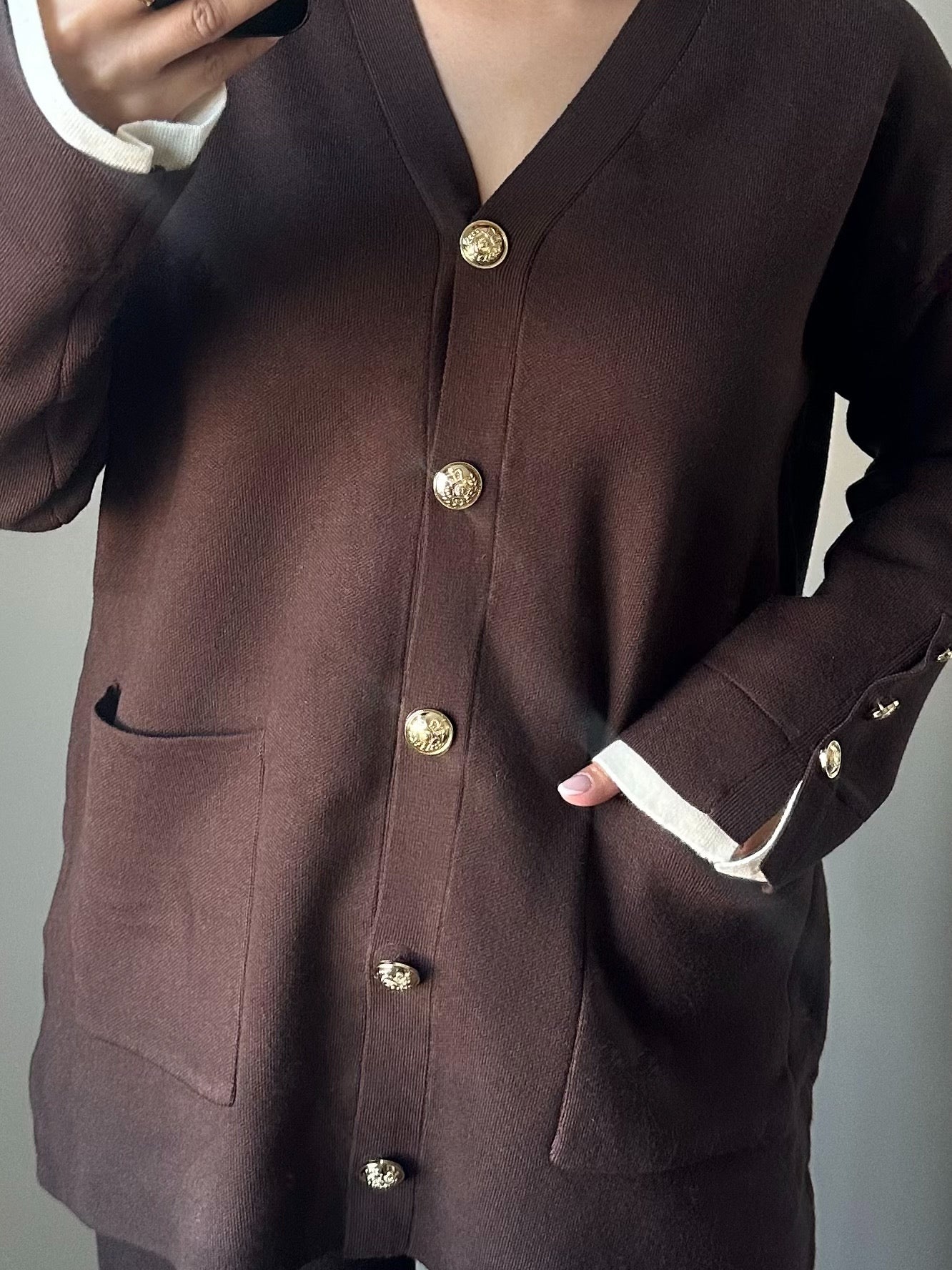 Brown Gold Button Longline Cardigan Co-ord