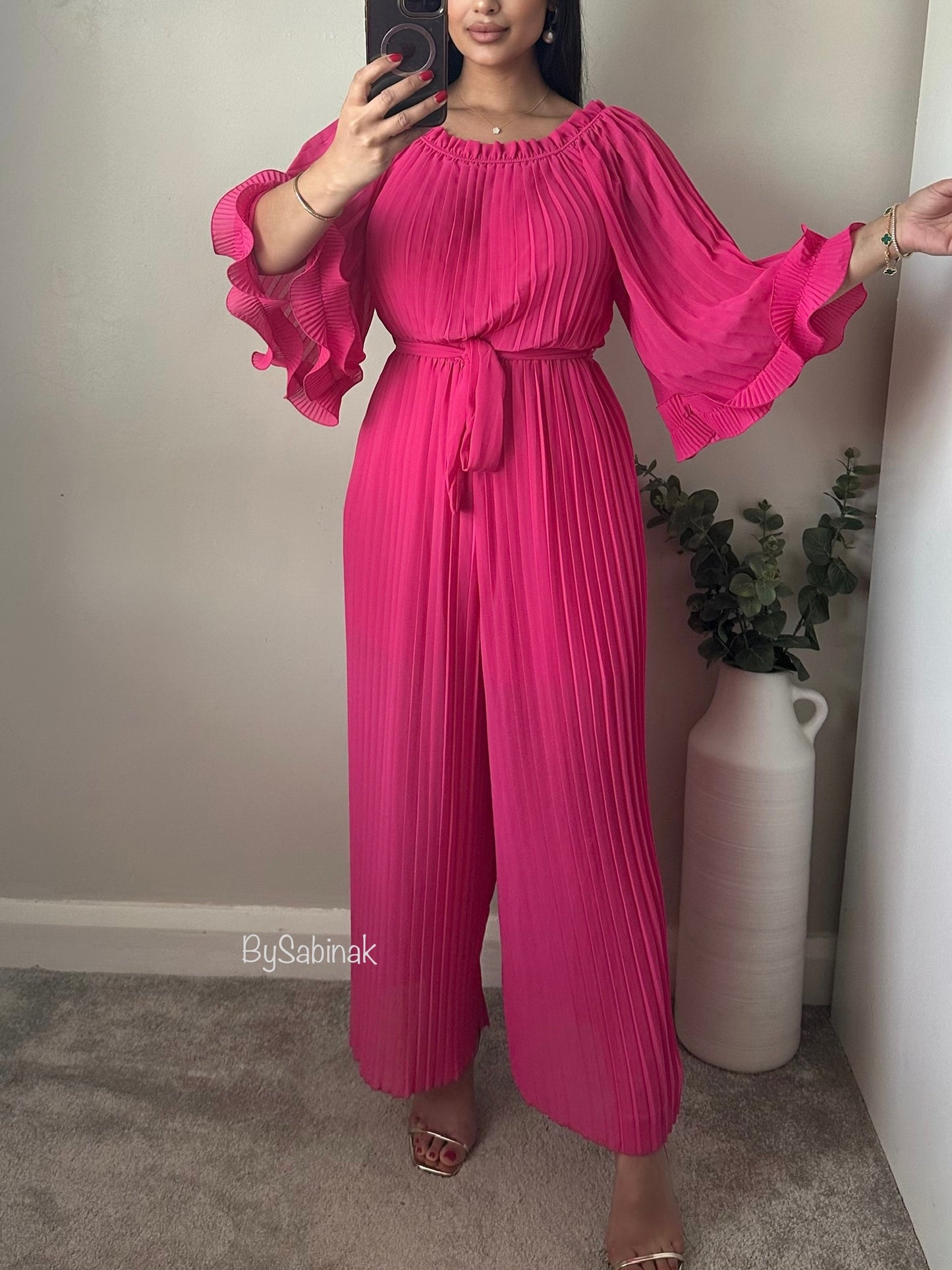 Hot Pink Pleated Chiffon Jumpsuit