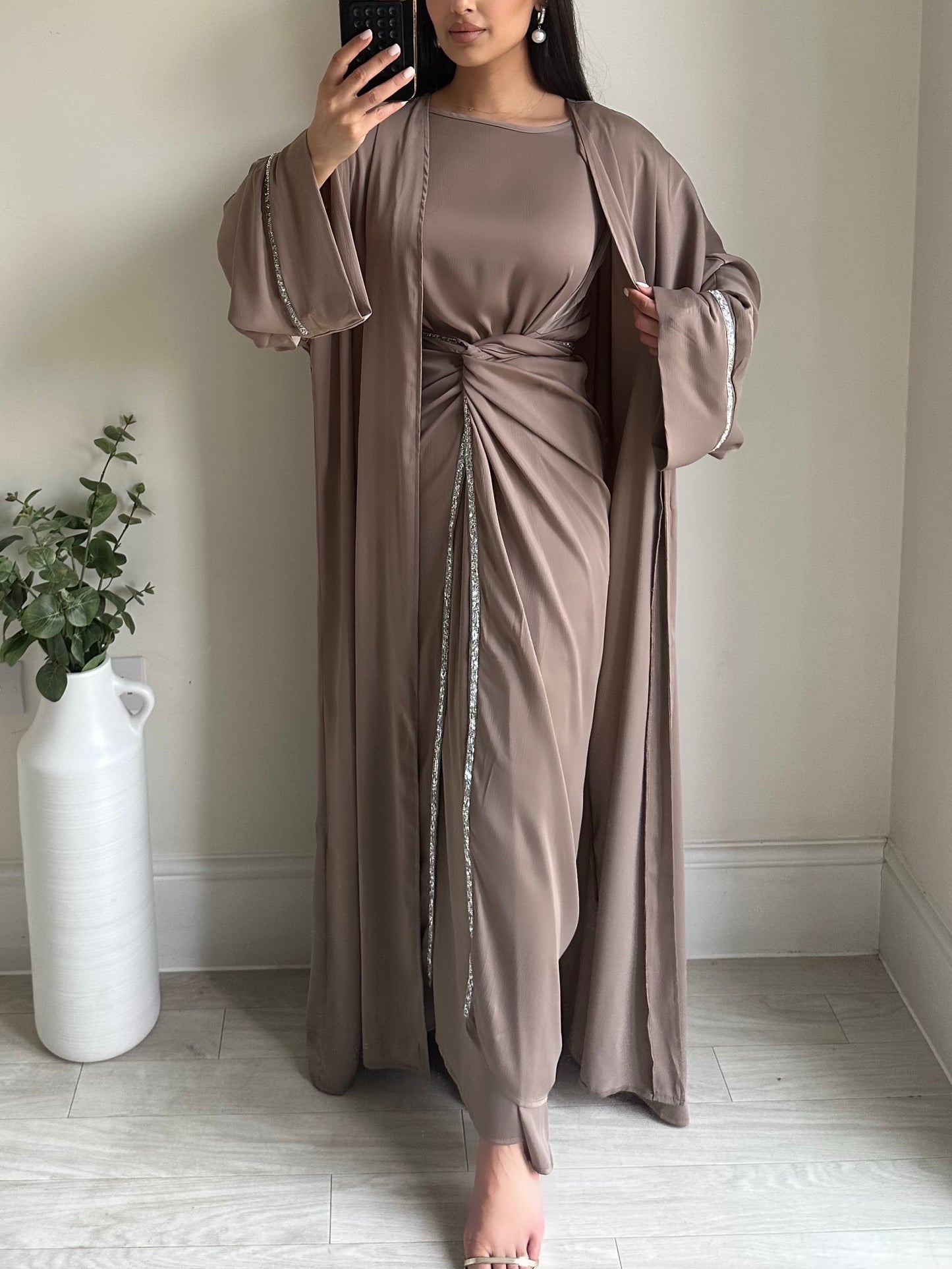 Mocha Satin Wrap Dress Kimono Set