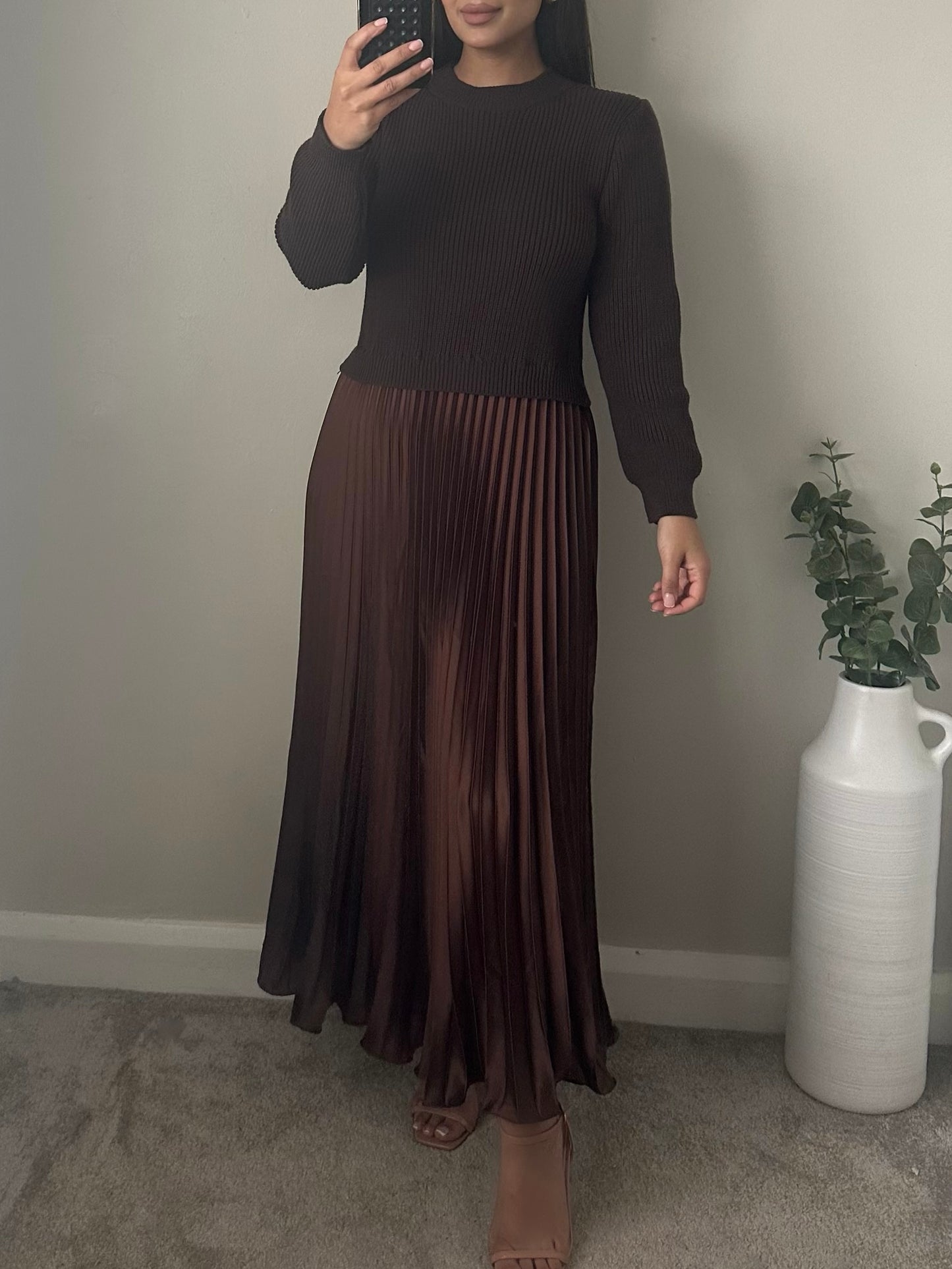 Brown Jumper Satin Pleated Dress