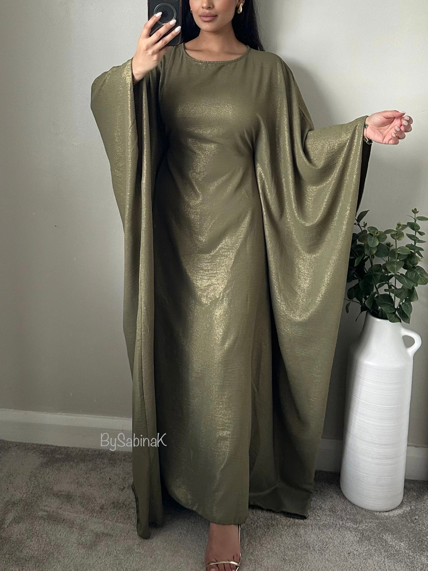 Olive Green Gold Sheen Butterfly Kaftan 031