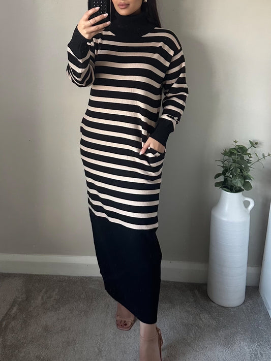 Beige Black Striped Maxi Jumper Dress