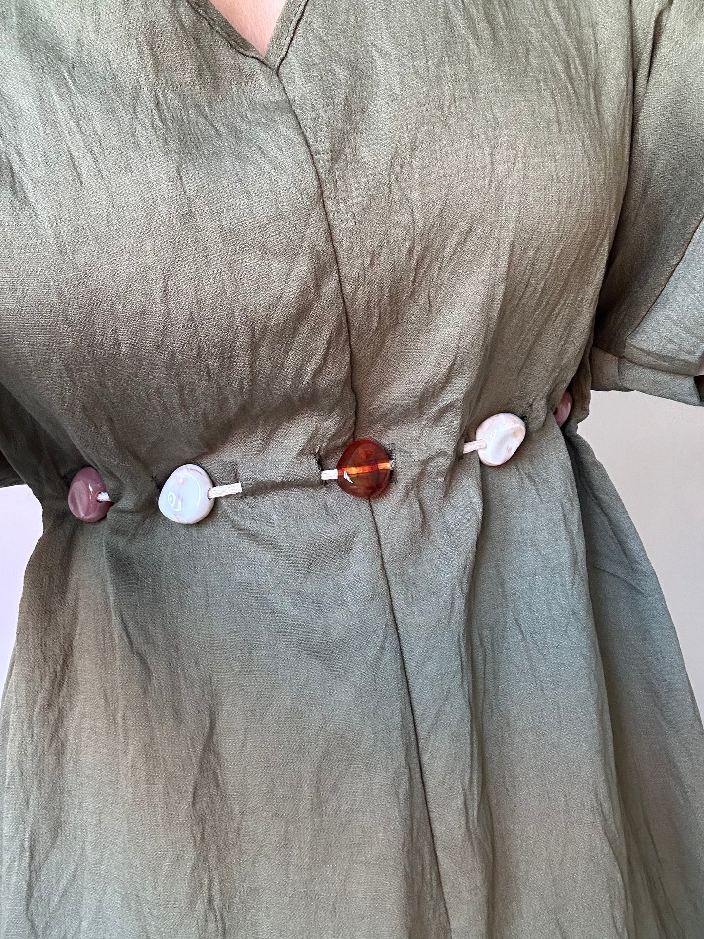 Olive Green Linen Beaded Kaftan Dress