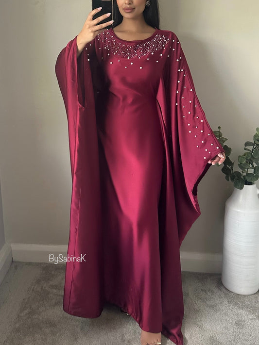 Wine Red Pearl Diamonte Belt Kaftan