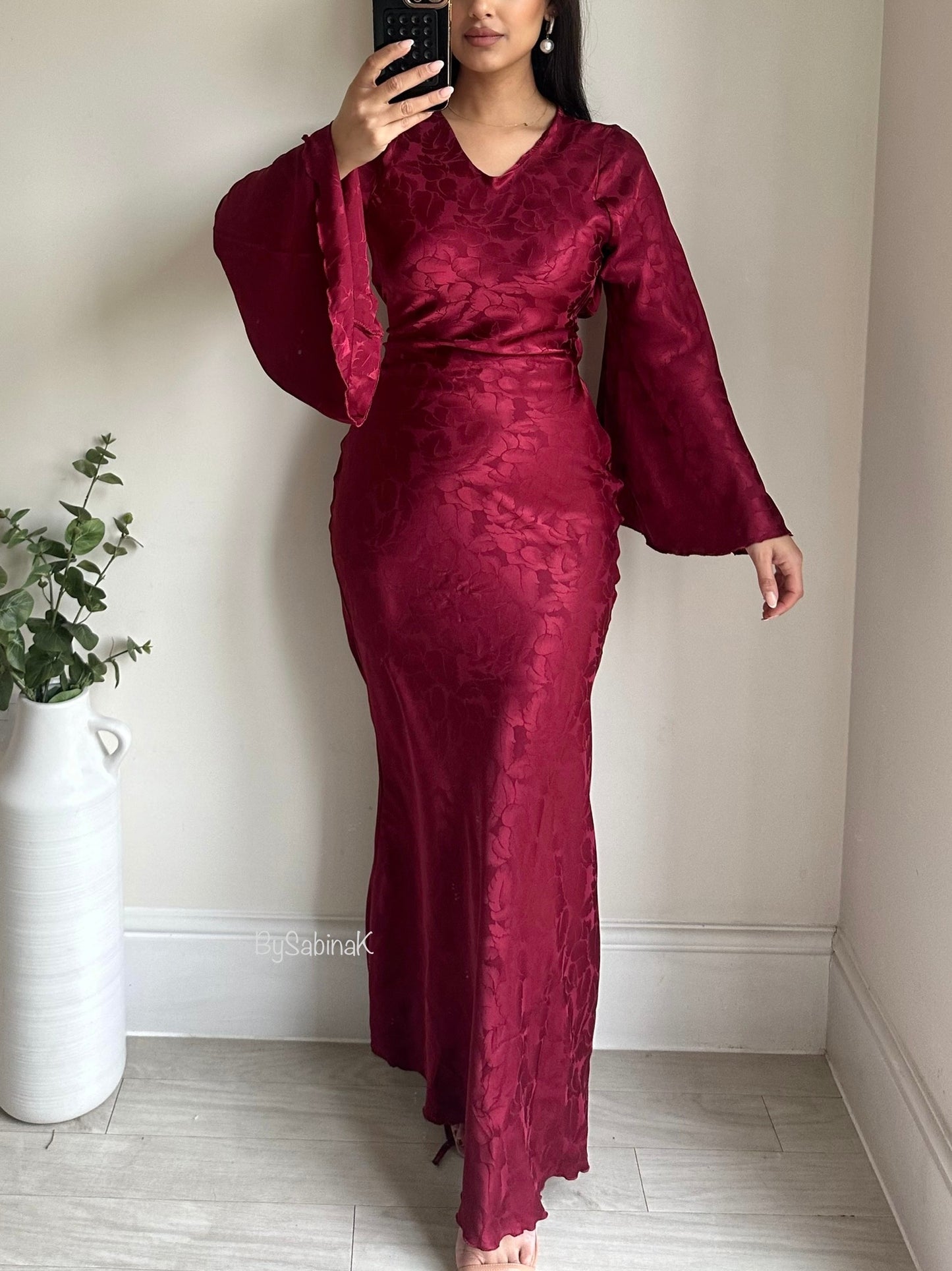 Wine Red Floral Satin Flared Sleeve Dress