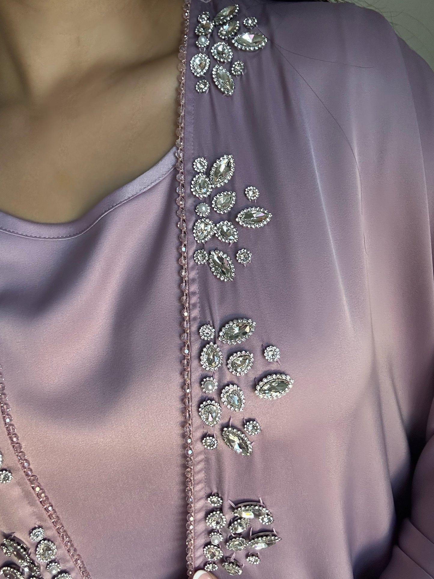 Lilac Satin Rhinestone Beaded Abaya Set