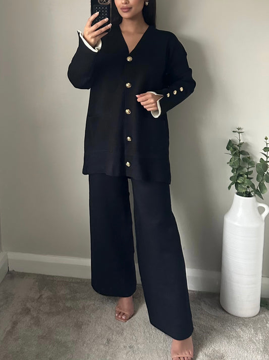 Black Gold Button Longline Cardigan Co-ord