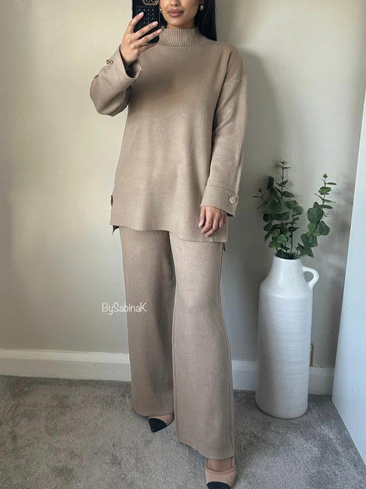 Beige Longline Gold Sleeve Button Co-ord