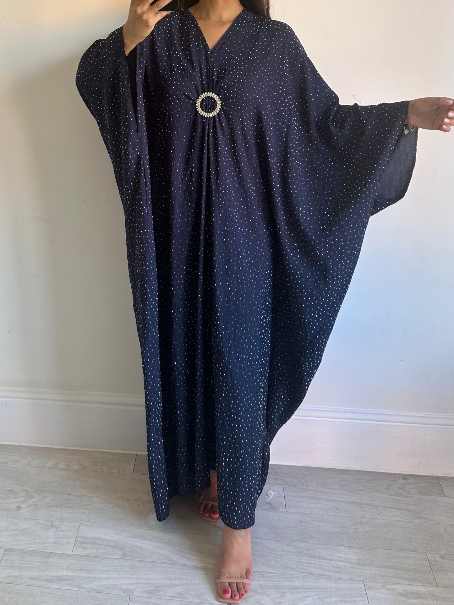 Navy Blue Cotton Rhinestone Drape Brooch Kaftan