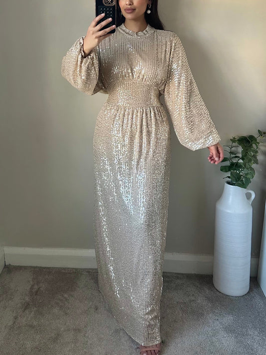 Gold Sequin Waist Tie Dress