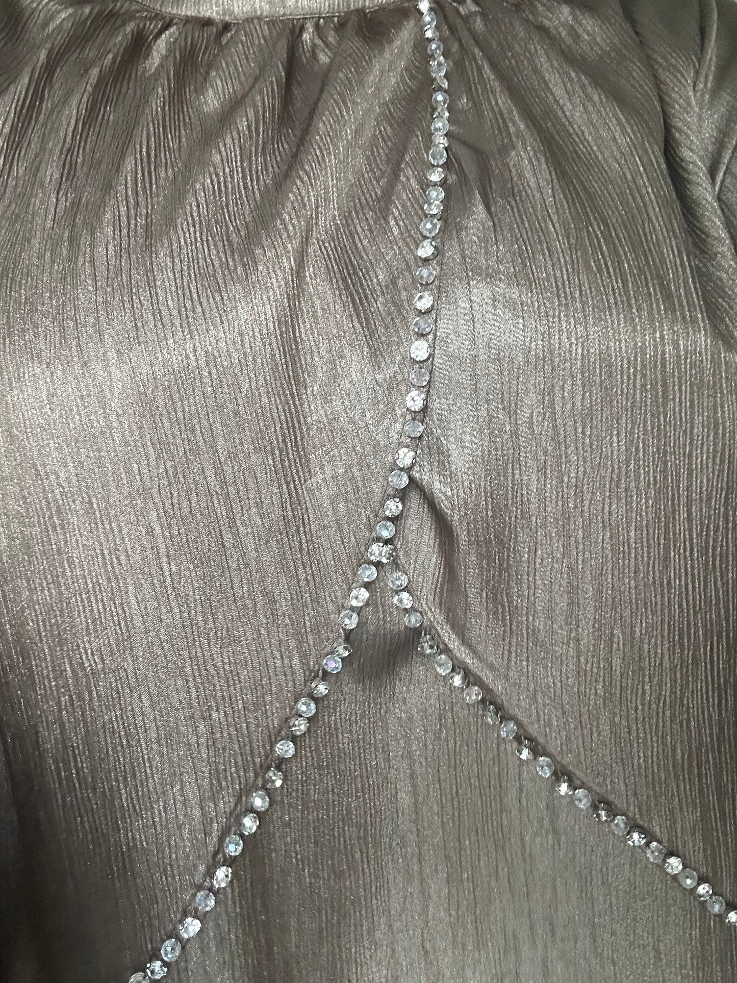 Taupe Chiffon Silk Rhinestone Beaded Belted Dress