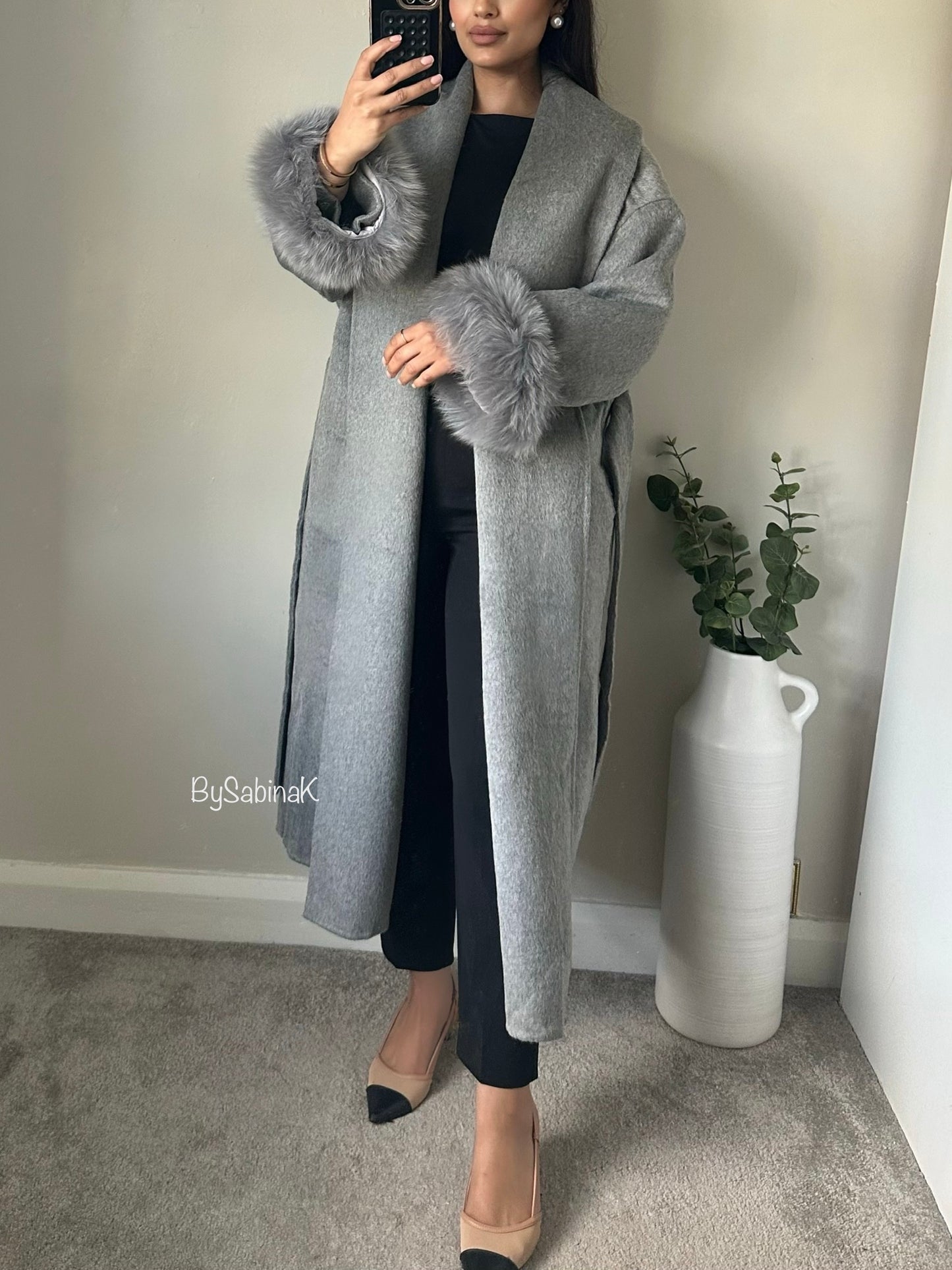 Grey 100% Wool Fur Long Coat