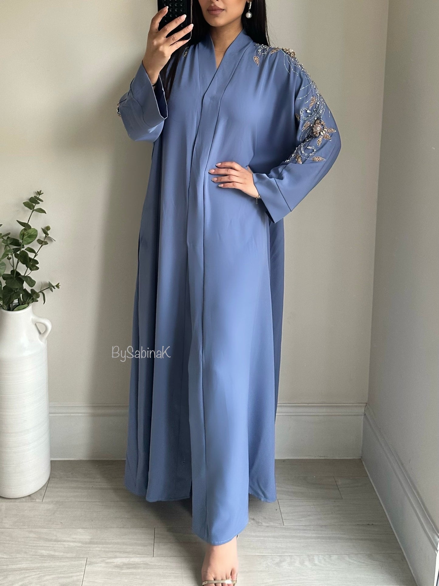 Blue Embellished Open Buttoned Abaya