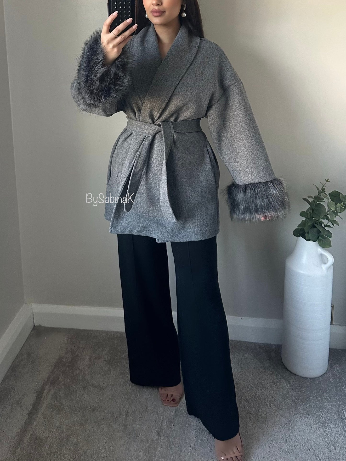 Grey Faux Fur Belted Wrap Coat