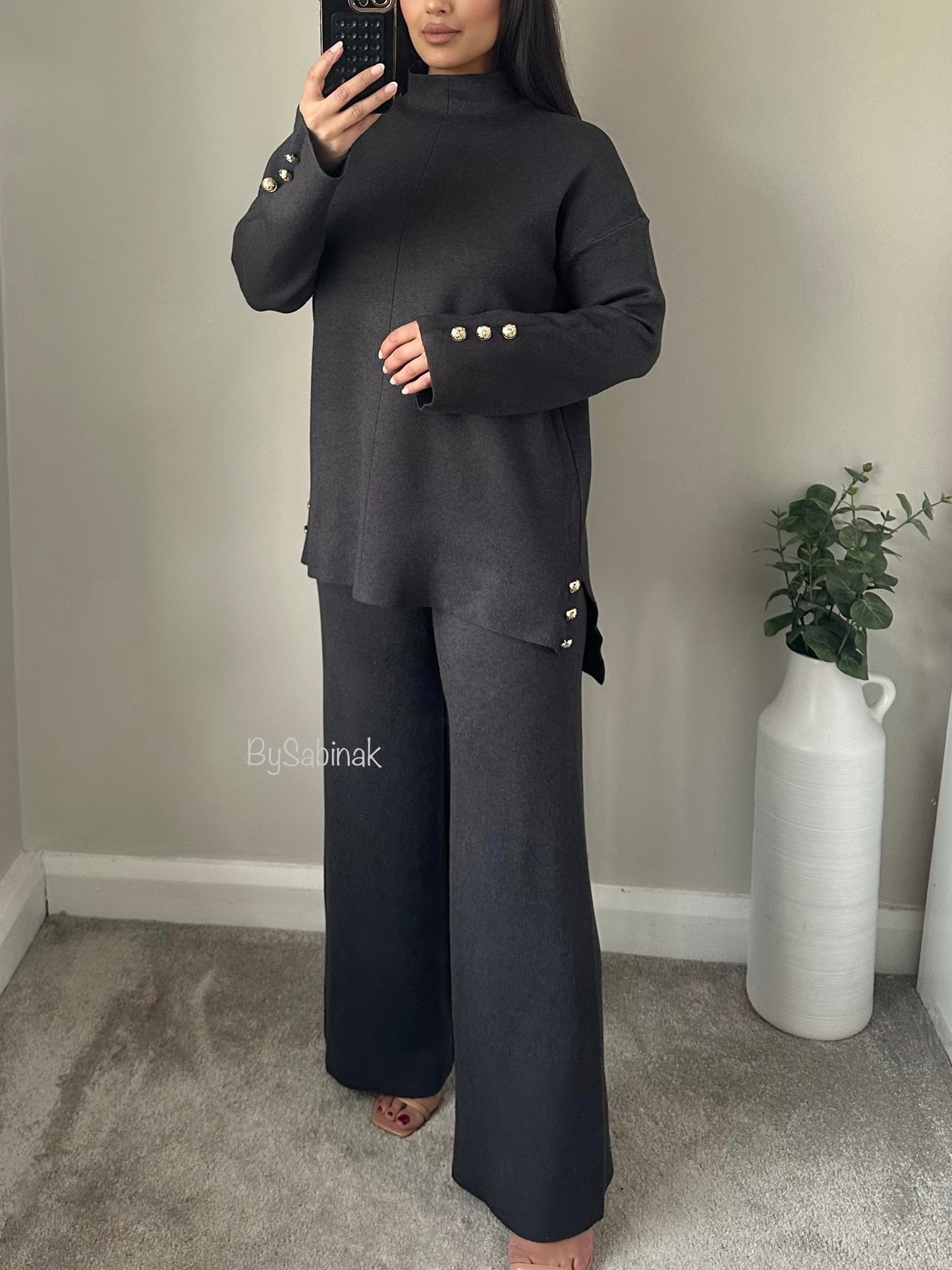 Dark Grey Knit High Neck Gold Button Co-ord