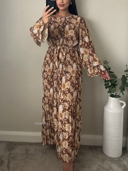 Brown Floral Pleated Dress